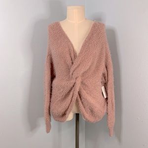 Women's Light Pink Eyelash Knit Oversized Fluffy Wrap V Neck Sweater Top Large